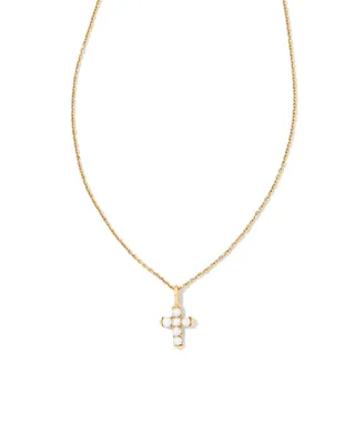 Pearl 14k Gold Cross Pendant Necklace in White Pearl