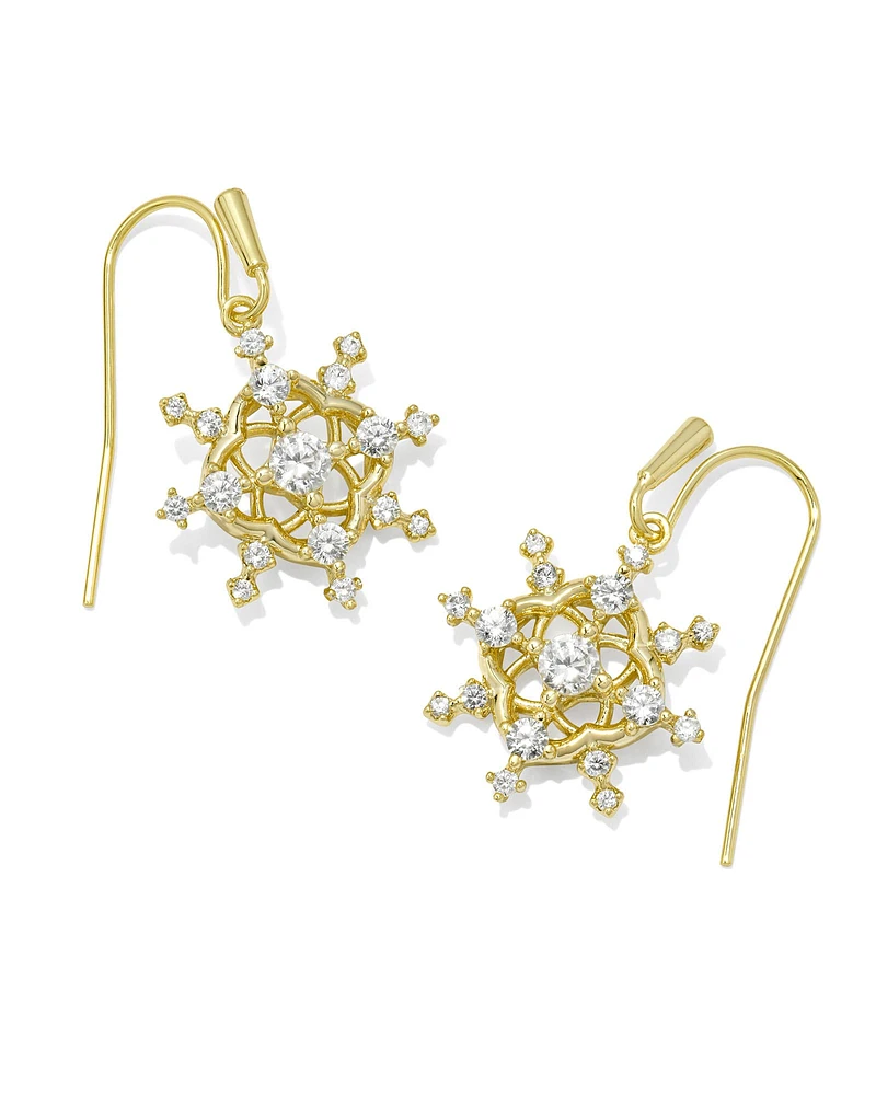 Snow Crystal Gold Drop Earrings White