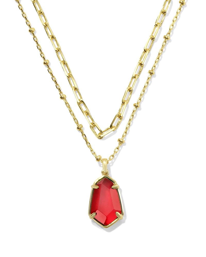 Alexandria Gold Satellite Multi Strand Necklace in Red Glass