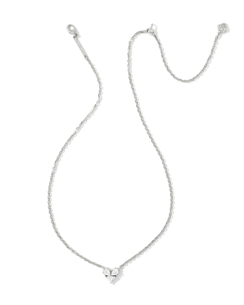 Katy Silver Heart Short Pendant Necklace in White Crystal