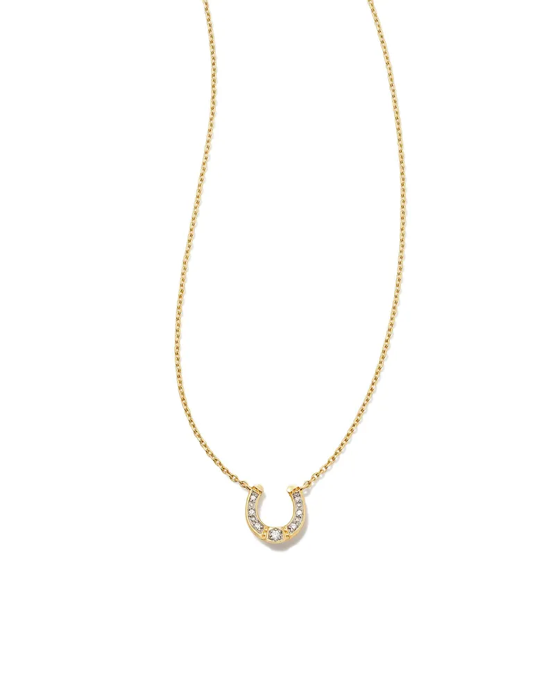 Noble 14k Yellow Gold Horseshoe Short Pendant Necklace in White Diamond