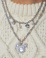 Disney | Kendra Scott Silver Mickey Mouse and Minnie Mouse Charm Necklace in Iridescent White Mix