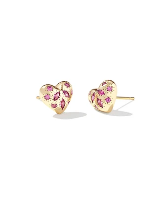 Holland Gold Heart Stud Earrings Pink Crystal