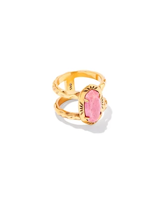 Elyse Vintage Gold Etch Frame Band Ring Bronze Veined Turquoise Magnesite Red Oyster
