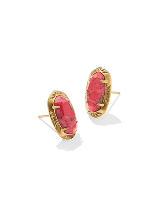 Ellie Vintage Gold Etch Frame Stud Earrings Bronze Veined Red Magnesite