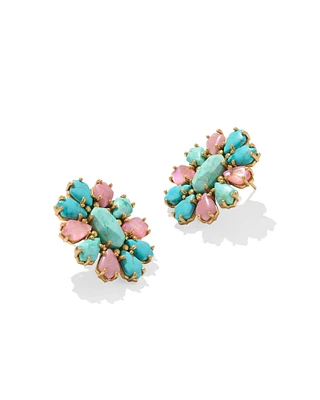 Flynn Vintage Gold Stud Earrings in Teal Pink Mix