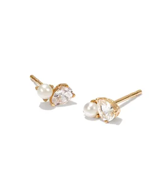 Toi et Moi 14k Yellow Gold Stud Earrings in White Sapphire and White Pearl