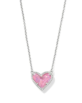 Ari Heart Silver Pendant Necklace Pink Iridescent Glitter Glass