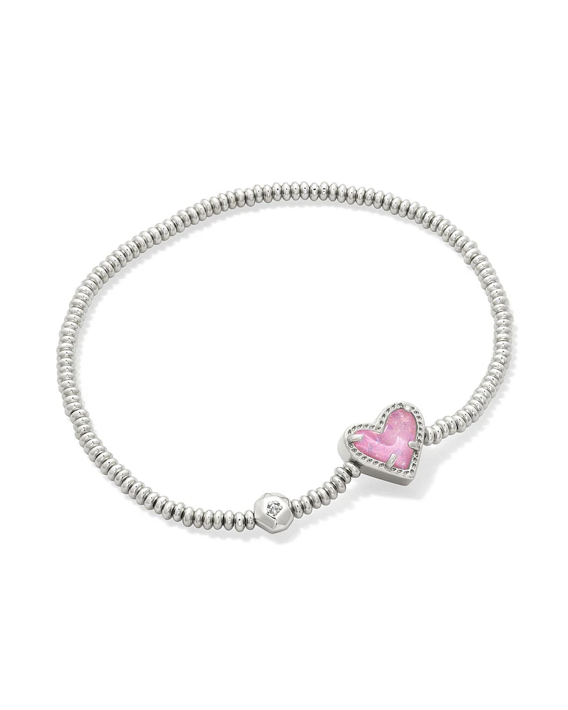 Ari Heart Silver Stretch Bracelet in Pink Iridescent Glitter Glass