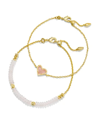 Ari Heart Gold Delicate Chain Bracelet Set of 2 in Rose Quartz