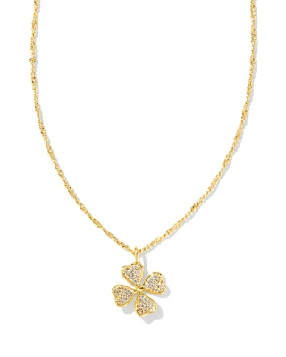 Clover Gold Crystal Short Pendant Necklace in White CZ