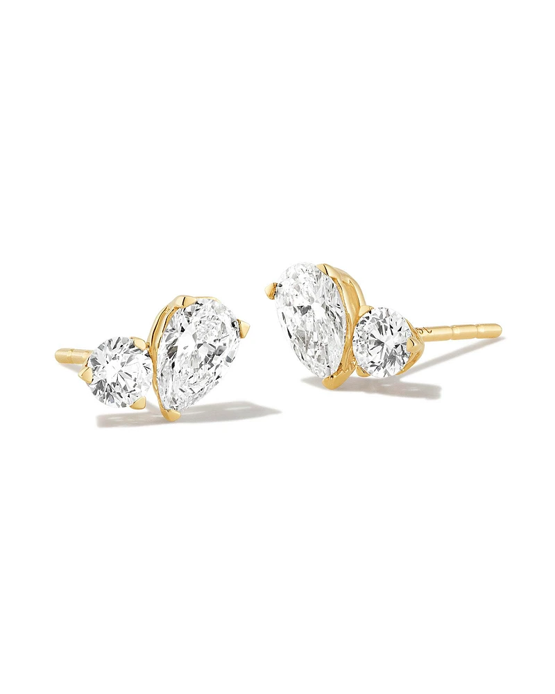 Lab Grown White Diamond Toi et Moi Stud Earrings in 14k Yellow Gold