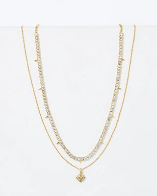 Dira Gold Crystal Necklace Layering Set of 2 in White Crystal