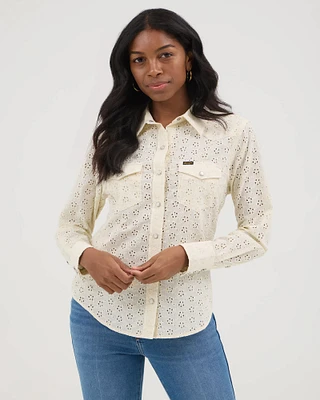 Wrangler® x Yellow Rose by Kendra Scott Vintage Pearl Snap Western Shirt Ivory