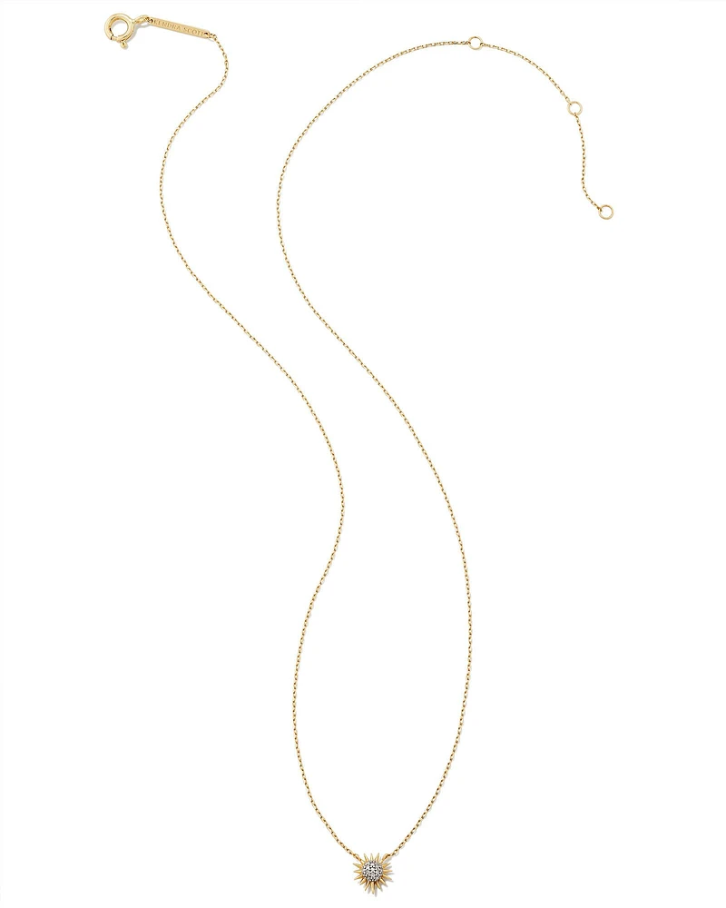 Tiny Sunburst 14k Yellow Gold Pendant Necklace in White Diamond