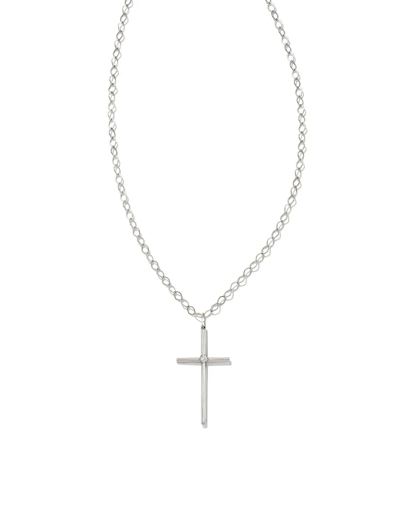 Thin Cross 14k Gold Charm in White Diamond