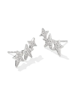 Star Cluster 14k White Gold Ear Climber Earrings in White Diamond