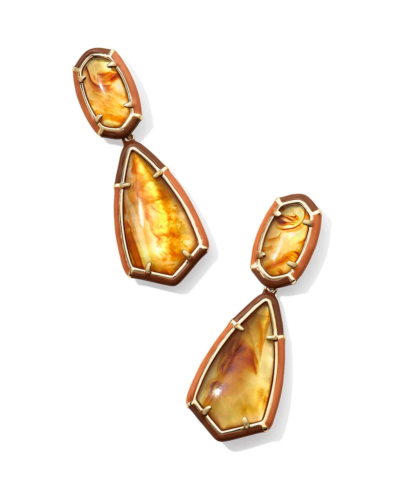 Camry Gold Enamel Frame Statement Earrings in Marbled Amber Illusion