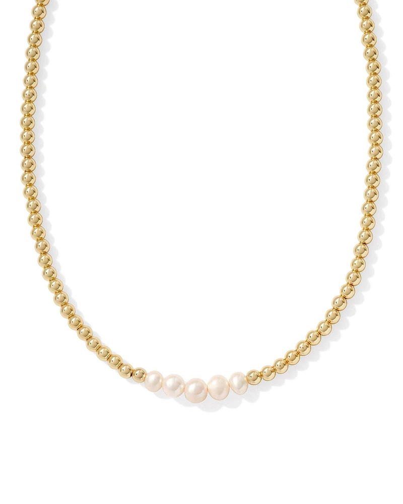 Eve Gold Beaded Strand Necklace in White Pearl