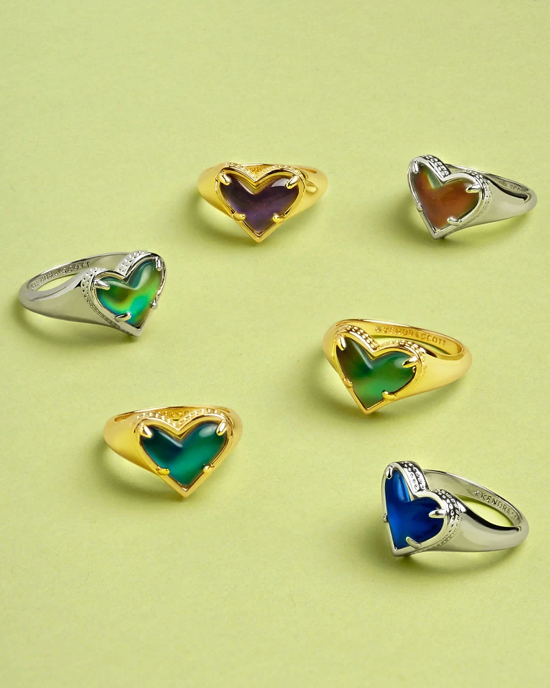 Framed Ari Heart Gold Band Ring Mood Stone