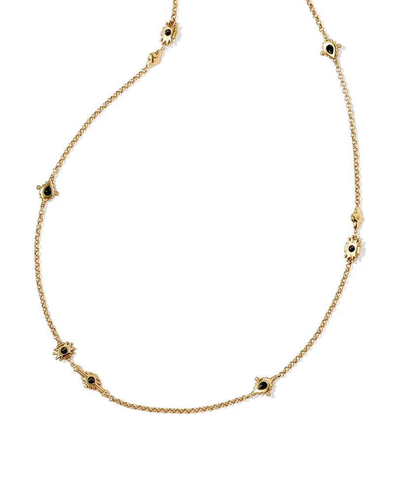 Shera Vintage Gold Long Strand Necklace Teal Mix