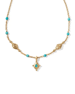 Shera Vintage Gold Short Pendant Necklace in Variegated Dark Teal Magnesite