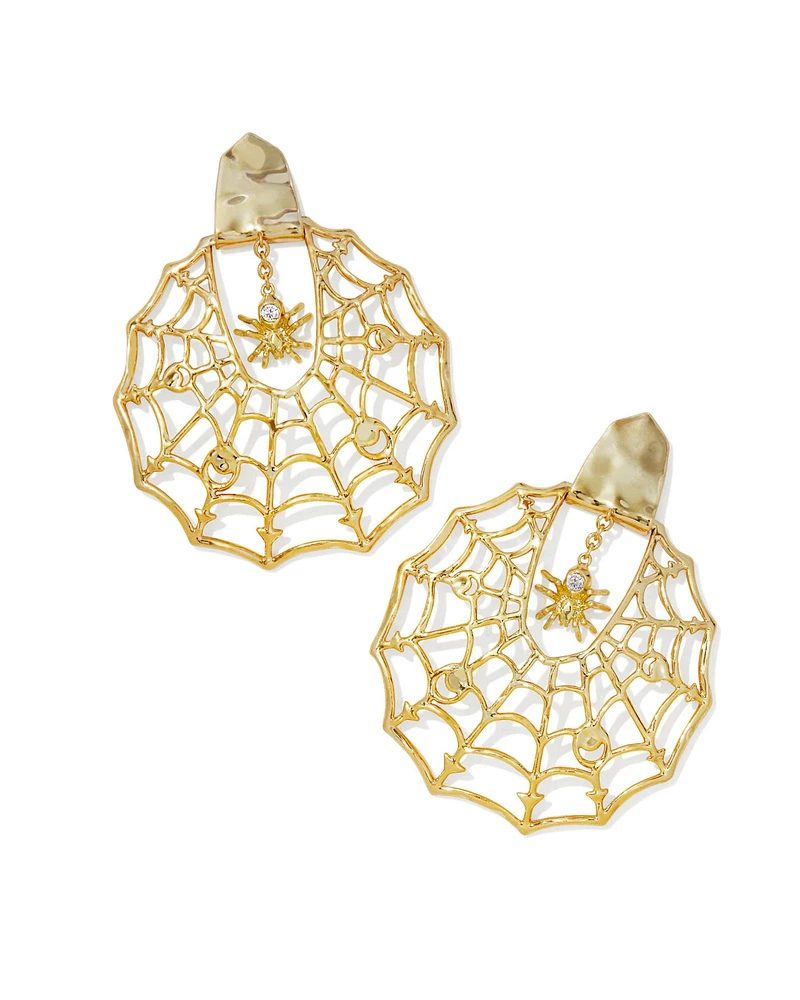 Spiderweb Gold Statement Earrings White Crystal