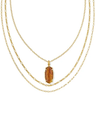 Elle Vintage Gold Bamboo Frame Triple Strand Necklace Marbled Amber Illusion