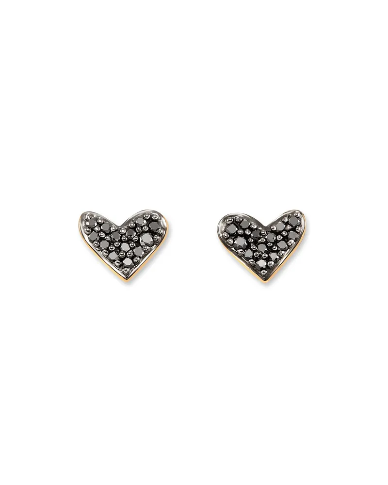 Heart 14k Yellow Gold Stud Earrings in Black Diamond