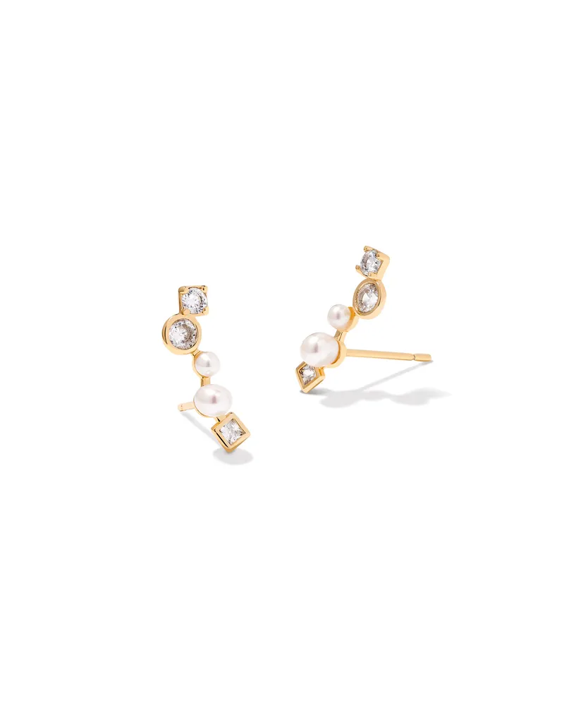 Leighton Gold Pearl Ear Climber Earrings in White Pearl