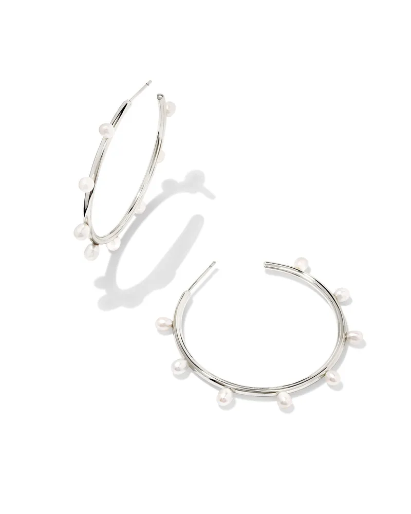 Leighton Silver Pearl Hoop Earrings in White Pearl