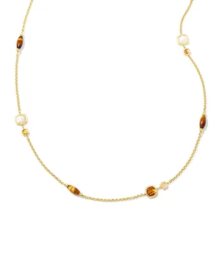 Monica Gold Long Strand Necklace in Brown Mix