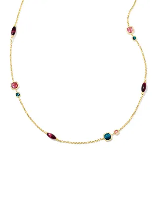Monica Gold Long Strand Necklace in Teal Mix