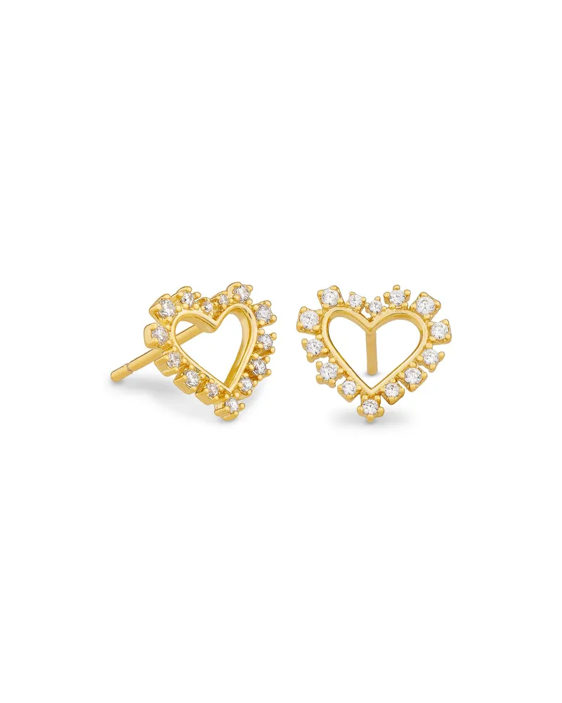 Ari Heart Gold Stud Earrings in White Crystal