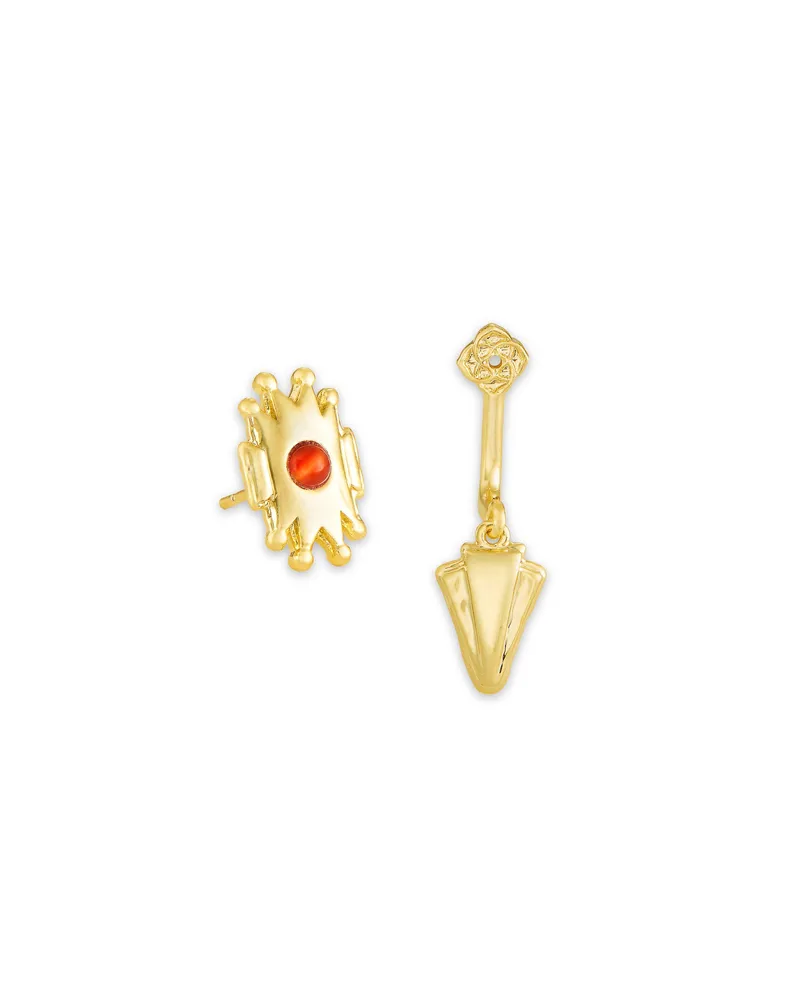 Shiva Gold Ear Jacket Earrings in Orange Banded Agate