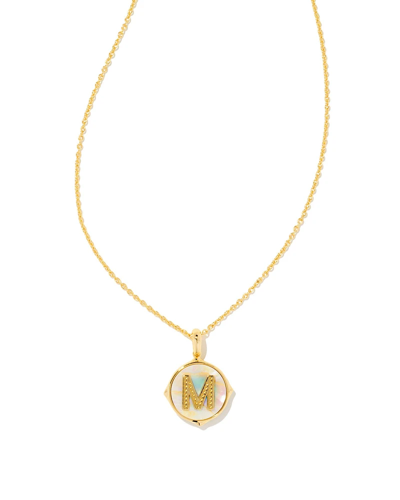 Letter M Gold Disc Reversible Pendant Necklace in Iridescent Abalone