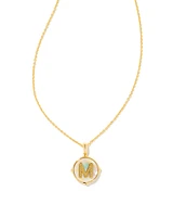 Letter M Gold Disc Reversible Pendant Necklace in Iridescent Abalone