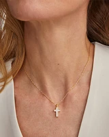 Cross Gold Pendant Necklace in White Kyocera Opal
