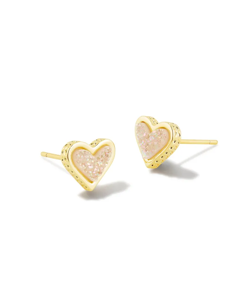 Framed Ari Heart Gold Stud Earrings Iridescent Drusy