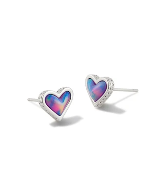 Framed Ari Heart Silver Stud Earrings Lilac Opalescent Resin