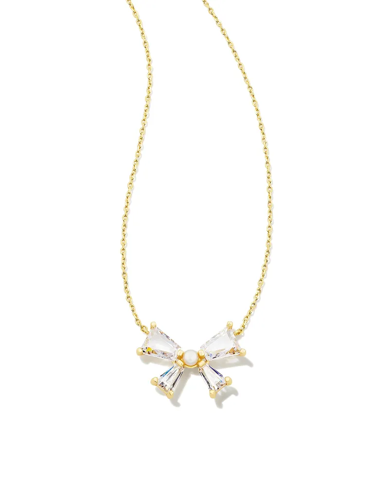 Blair Gold Bow Short Pendant Necklace in White Crystal