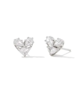 Katy Silver Heart Stud Earrings in White Crystal