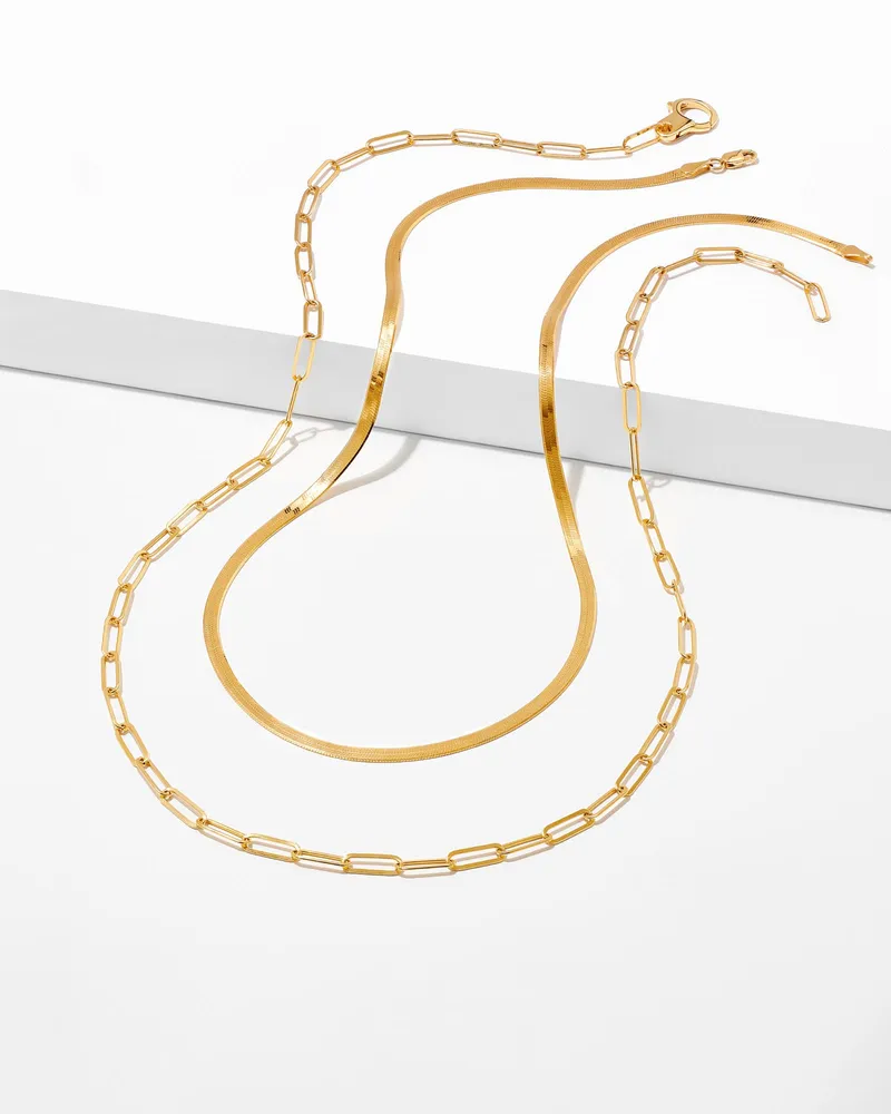 Herringbone and Paperclip Necklace Layering Set in 18k Gold Vermeil