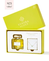 Framed Ari Heart Gold Pendant Necklace in Light Green Mother-of-Pearl and Jade Blossom Eau de Parfum 75ml Fragrance Gift Set