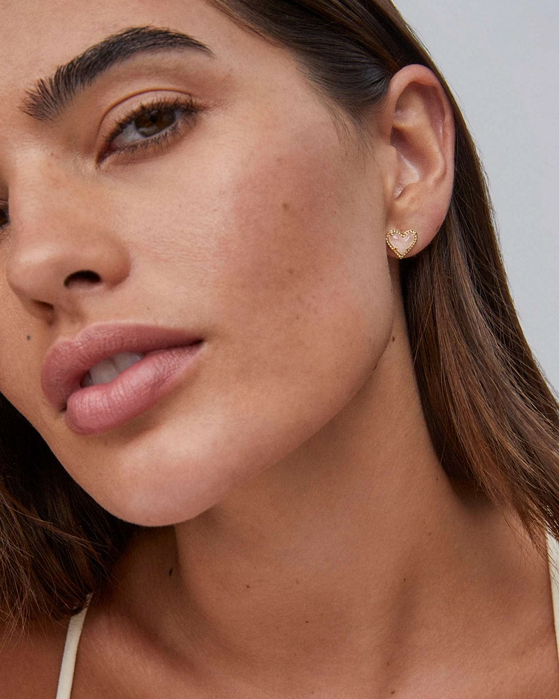 Ari Heart Gold Stud Earrings Rose Quartz