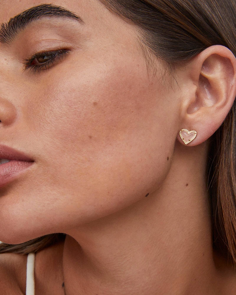 Ari Heart Gold Stud Earrings Rose Quartz