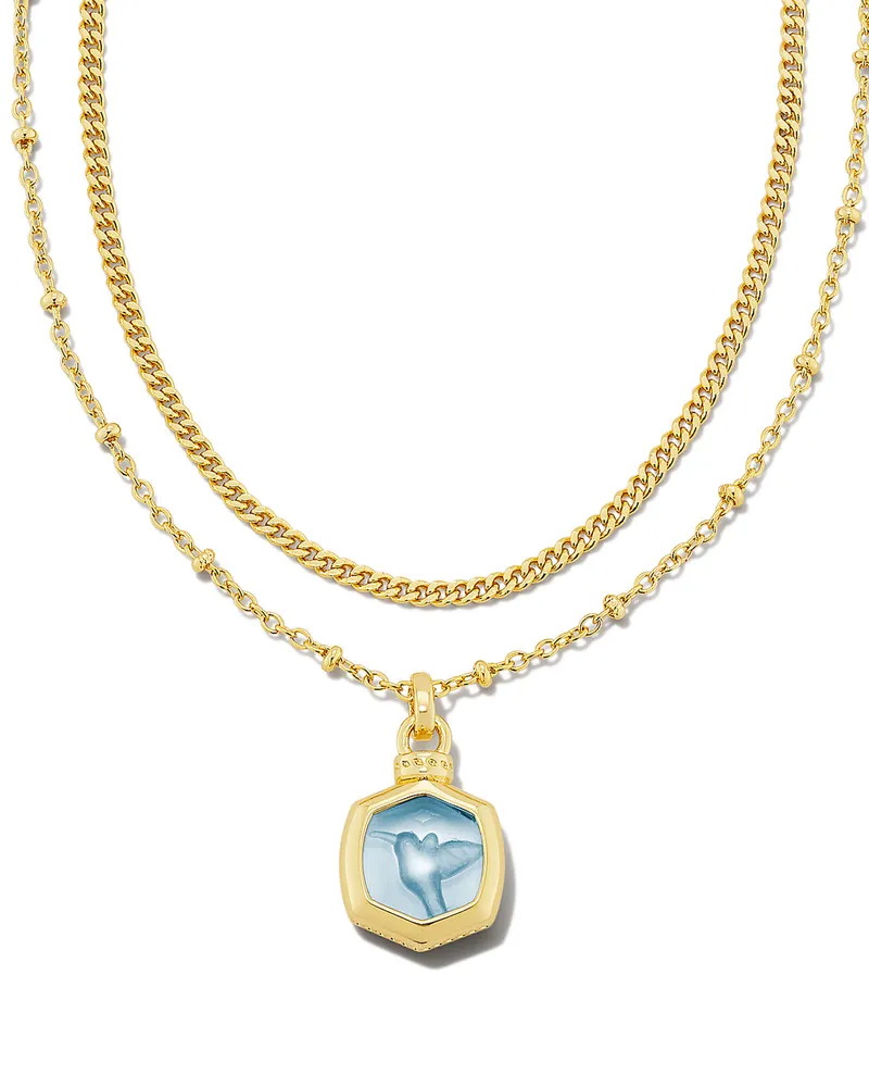 Davie Intaglio Gold Multi Strand Necklace in Light Sky Blue Glass Hummingbird
