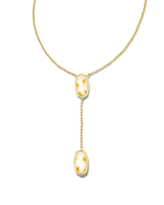 Framed Elisa Gold Y Necklace in White Mosaic Glass