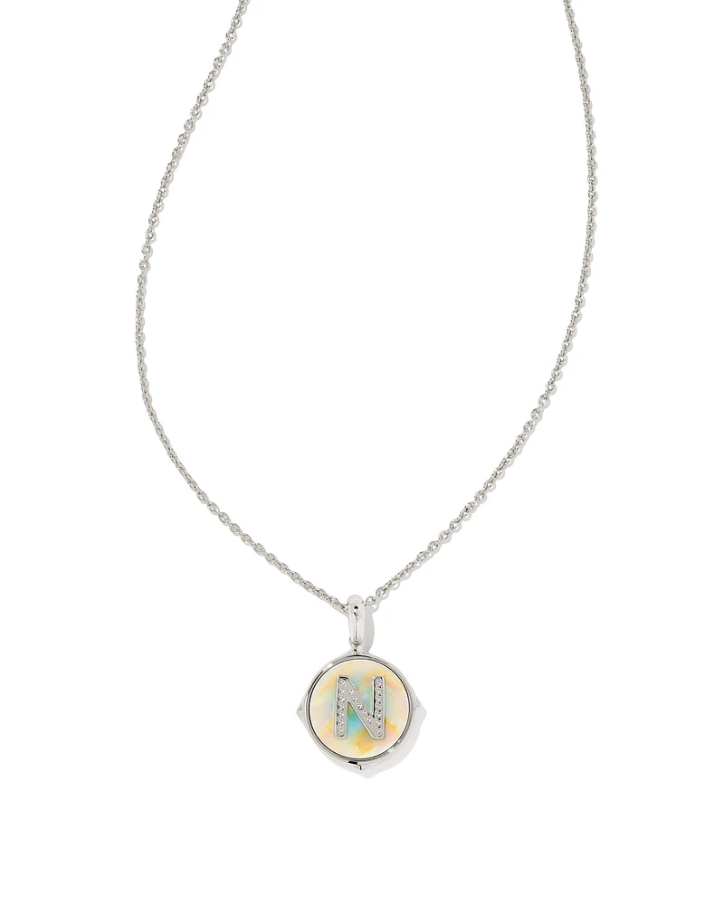 Letter N Silver Disc Reversible Pendant Necklace in Iridescent Abalone