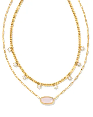 Framed Elisa Gold Multi Strand Necklace in Pink Opalite Illusion